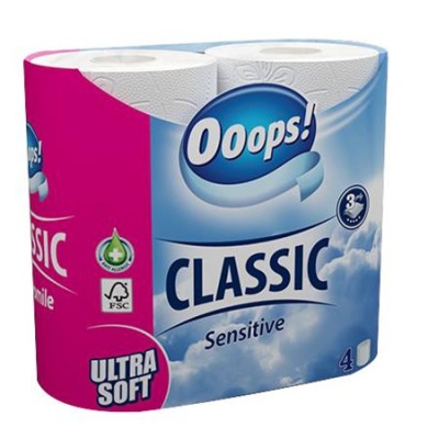 Toaletný papier, 3-vrstvový, malý kotúč, 4 kotúče, OOOPS "Classic", sensitive