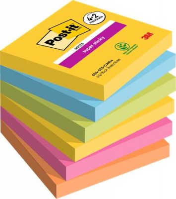 Samolepiaci poznámkový blok, 76x76 mm, 6x90 listov, 3M POSTIT "Super Sticky", "Carnival", rôzne farby
