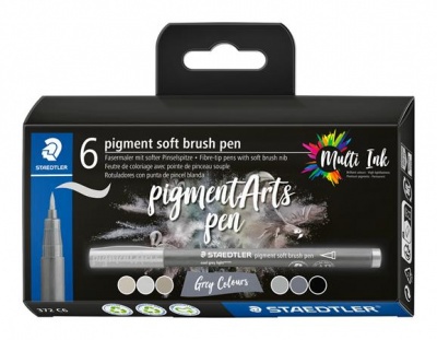 Fixka v tvare štetca, sada, STAEDTLER "Pigment 372", 6 rôznych odtieňov čiernej a sivej