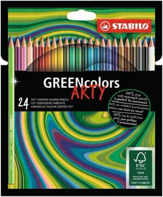 Farebné ceruzky, sada, šesťhranný tvar, STABILO "GreenColors ARTY", 24 rôznych farieb